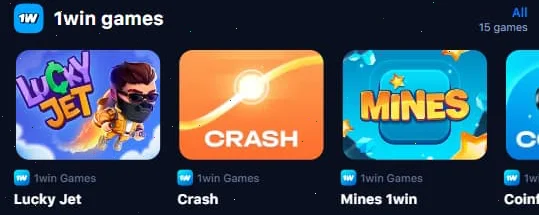 1win games row in the 1Win lobby showing Lucky Jet, Crash and Mines 1win, with a label of 15 games